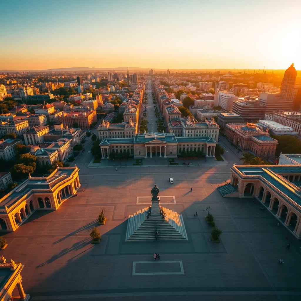 Vista aérea de una capital iberoamericana al atardecer